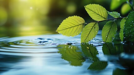 Poster - Green leaves gently resting on tranquil water surface creating a serene natural reflection in soft sunlight atmosphere