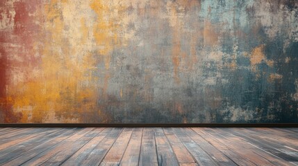 Poster - Modern abstract textured wall with wooden floor in a minimalist interior design setting for creative backgrounds and decor concepts