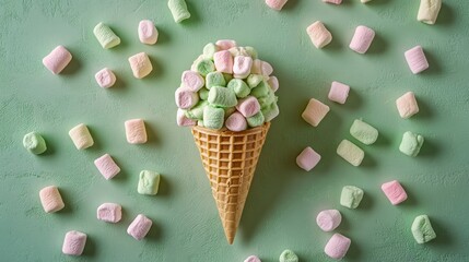 Poster - Colorful marshmallow ice cream cone on a pastel background with scattered marshmallows creating a fun celebration theme and ample copy space.