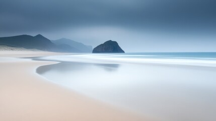 Wall Mural - Calm long exposure seascape featuring a solitary sea stack and serene beach under a moody sky with gentle waves.