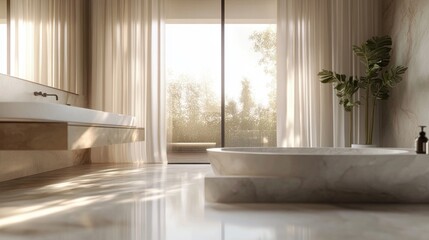 Poster - Elegant marble countertop in serene minimalist bathroom interior with natural light