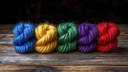 Aufkleber - Colorful cotton yarn balls arranged on rustic wooden background showcasing vibrant hues for textile and crafting themes
