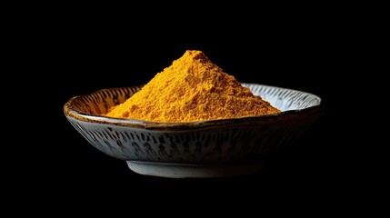 Poster - Turmeric powder beautifully displayed in a ceramic bowl against a contrasting black background showcasing vibrant color and texture.
