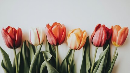 Poster - Vibrant spring tulips in various colors arranged neatly on a light background showcasing nature's beauty and freshness