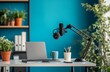 © Maaz - A modern podcast studio featuring blue walls, a clean white desk with a microphone stand, a laptop, and a coffee cup
