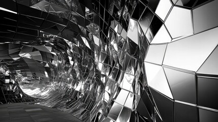 Poster - Abstract metallic architectural interior with reflective surfaces creating dynamic geometric patterns and visual depth.