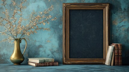 Poster - Blue textured surface with stacked books a vintage vase and an empty golden frame creating a cozy literary atmosphere decor concept