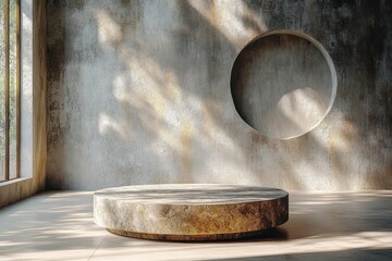 Poster - Minimalist stone pedestal in sunlit room with dynamic shadows on textured wall for beauty product presentation