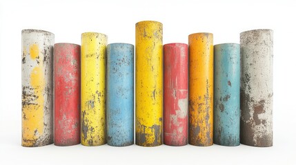 Poster - Vibrant assortment of weathered concrete poles arranged in a row against a clean white background showcasing diverse colors and textures
