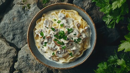 Poster - Mushroom pappardelle pasta in creamy sauce garnished with parsley on stone surface overhead flat lay shot