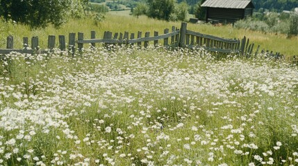 overgrown fence surrounded by wildflowers and grass in a picturesque village landscape with a rustic