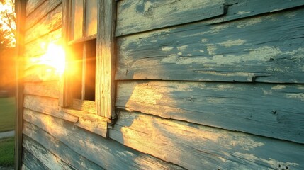 Wall Mural - Weathered waferboard siding of an old house, sun casting warm light through a window, showcasing peeling paint and textured wood, rustic charm, vintage style, architecture, home details.