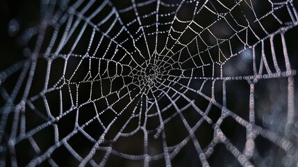 Poster - Spider web pattern showcasing intersecting lines and intricate details with morning dew on a blurred dark background.