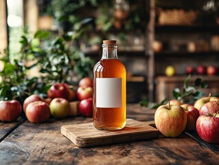 Wall Mural - A glass bottle of apple juice sits on a wooden board, surrounded by fresh apples, in a rustic setting filled with greenery and shelves.