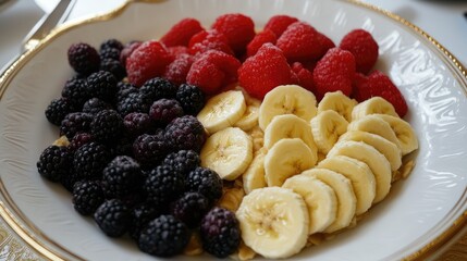 Wall Mural - Healthy breakfast oatmeal topped with fresh berries and sliced bananas on an elegant plate. Nutritious start to the day.