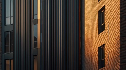 Wall Mural - Modern urban architecture featuring a contemporary apartment building facade illuminated by warm sunlight highlighting design details.