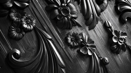 Wall Mural - Intricate black and white wood carvings featuring floral designs and detailed patterns for artistic decoration and craftsmanship.