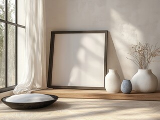 Poster - Minimalist Interior Scene with Blank Frame and Abstract Sculptures in Scandinavian Style