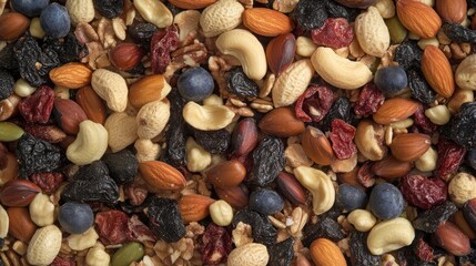 Wall Mural - Assorted nuts and dried fruits background in vibrant colors showcasing healthy snack options for nutrition and culinary use.