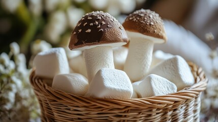 Canvas Print - Marshmallow mushrooms in a wicker basket showcasing decorative dessert artistry and sweet treats for creative culinary presentations