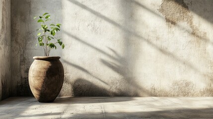 Wall Mural - Money plant in a rustic brown vase on a minimalist background showcasing urban jungle decor and natural light in interior design