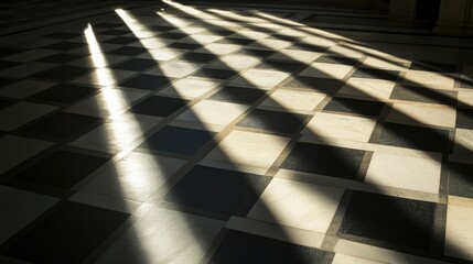 Poster - Light and shadow interplay on a patterned checkered floor creating a dynamic visual contrast in architectural space