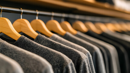 Poster - A close-up view of neatly arranged gray clothing on wooden hangers in a retail space