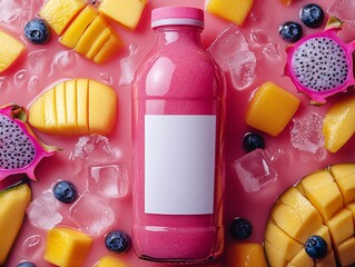 Wall Mural - A vibrant pink smoothie bottle surrounded by fresh mango, dragon fruit, blueberries, and ice, creating a refreshing and colorful composition.