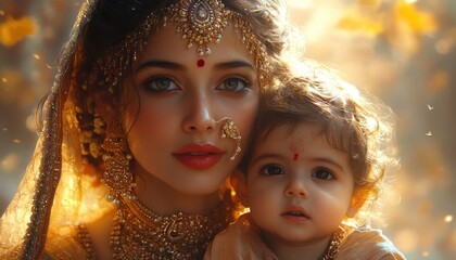 Krishna Holding Child, Warm Light, Indian Art, Deity with Jewelry, Janmashtami Celebration, Yashoda and Bal Krishna