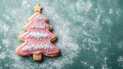 Canvas Print - Norwegian almond cake cookie decorated as a Christmas tree with pink icing and powdered sugar on a green background festive holiday treat