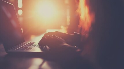 Poster - A person typing on a laptop with warm sunlight illuminating the scene.