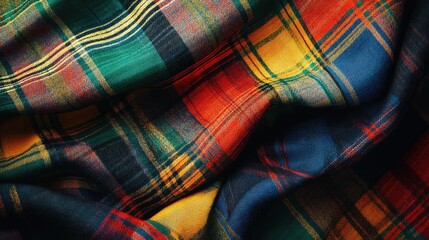 Poster - Vibrant plaid fabric featuring an array of colors in a close-up view, highlighting the intricate patterns and textures, ideal for textile, fashion, and design applications.