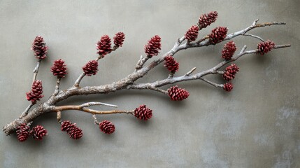 Poster - Moonlit branch adorned with pinecones, showcasing detailed textures against a muted gray background, nature, still life, tranquil atmosphere, seasonal.