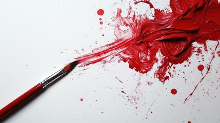 Poster - Vibrant red paint splatters with brush creating dynamic abstract art on clean white background