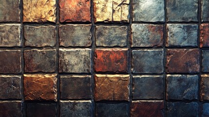 Poster - Textured painted metal surface with square tiles in varying shades of gold, silver, and bronze for industrial or artistic backgrounds