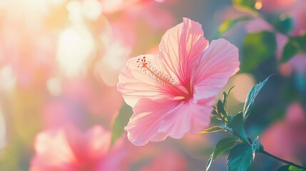 Poster - pink hibiscus flower closeup with light pink and red petals surrounded by lush green leaves in soft 