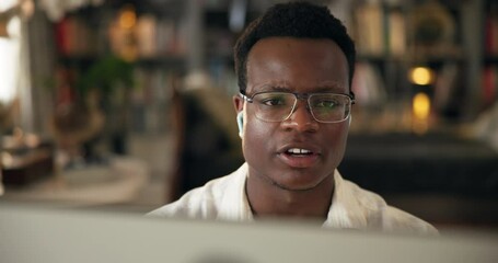 Aufkleber - Video call, home and black man on computer for talking, discussion and virtual meeting with publisher. Creative worker, freelance and person on webinar for writing proposal, book ideas and planning