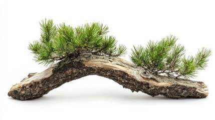 Poster - Pine log with lush green pine branches isolated on white background for nature and forest themed design projects