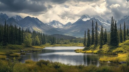 Poster - Panoramic view of a lush wilderness landscape with mountains, forests, and a serene lake under a dramatic sky, nature, outdoor scenery, exploration, tranquility.