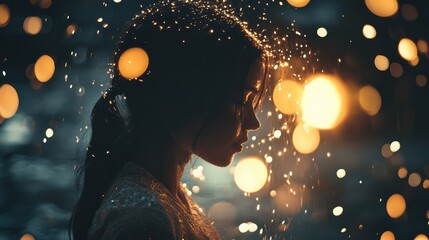 Poster - Silhouette of a woman illuminated by shimmering sparks and bokeh lights in a dreamy twilight setting