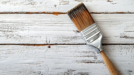 Poster - Paint brush resting on vintage white wooden plank table with space for text or branding logo against a rustic background