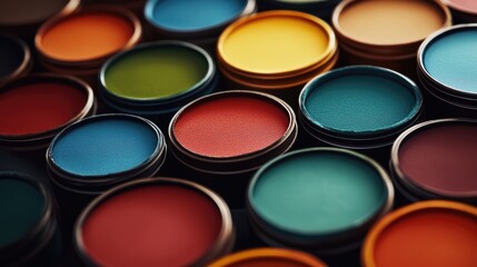 Poster - Vibrant close-up of assorted paint color samples in circular containers showcasing a spectrum of hues and textures for artistic design inspiration