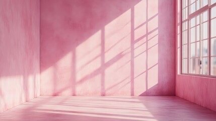 Poster - Interior room with pink-painted walls and soft shadows cast by large windows, creating a warm and inviting atmosphere, art, design, interior decor, minimalist style.