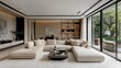 © HuynhThiThuy - A clean, modern living room featuring a beige sectional sofa, minimalist open shelving, and floor-to-ceiling glass walls offering a view of a serene garden.