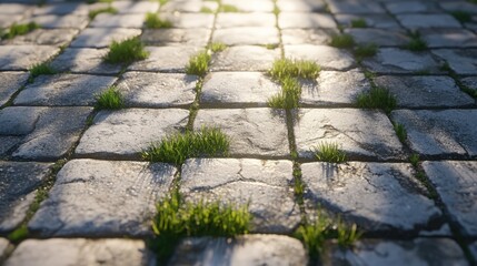 Poster - Sunlit pavement on a street with interspersed grass growing between cobblestones, showcasing texture and natural elements, urban landscape, nature, outdoor setting.