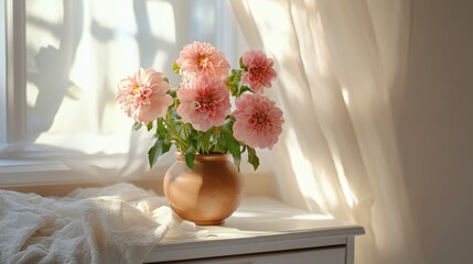 Poster - Pink dahlias in a rustic ceramic vase enhancing a serene interior with natural light on a white chest of drawers by the window