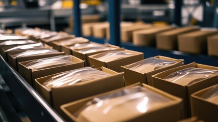 Poster - Finished products packed and organized in a printing house ready for distribution and logistics management in a modern factory setting