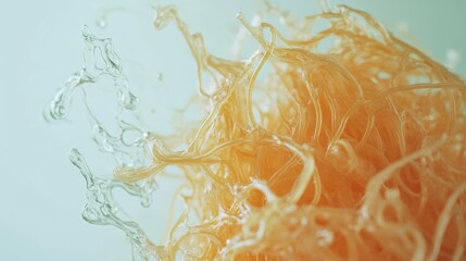 Poster - Abstract close-up of translucent pasta resembling spaghetti amidst swirling water droplets on a soft pastel background