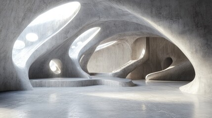 Poster - Abstract modern architecture with smooth raw concrete surfaces and dynamic organic shapes illuminated by natural light