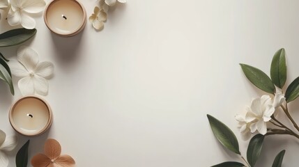 Poster - Elegant poster frame mockup with candles flowers and greenery on a minimalist white background for creative design and advertising use